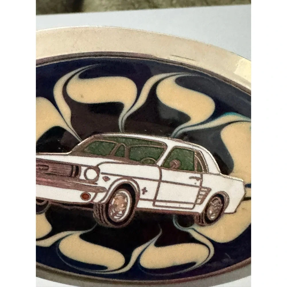 Vintage Ford Mustang Belt Buckle White Muscle Car Enamel Blue Swirl Oval Retro
